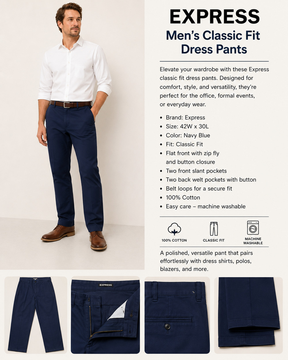 Express Men's Navy Blue Dress Pants Classic Fit Flat Front Size 31x28